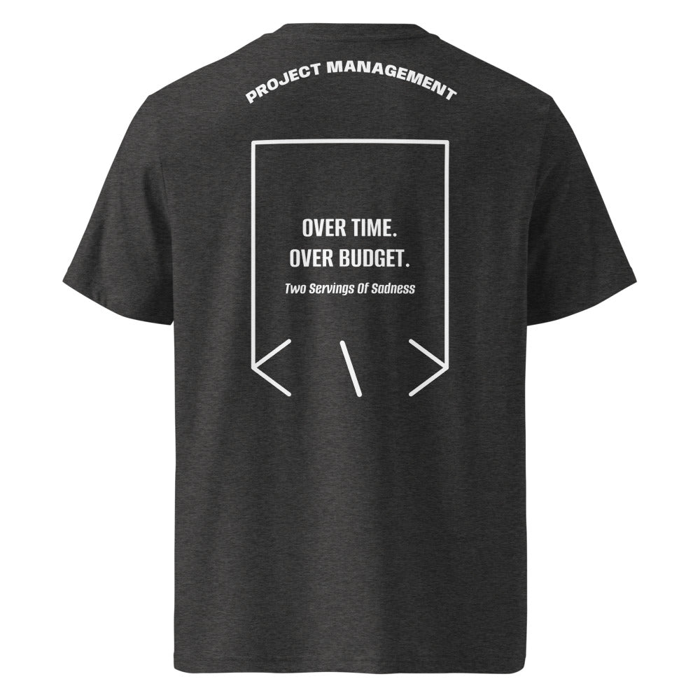 Over Time. Over Budget. — Dark Heather Grey White back mockup