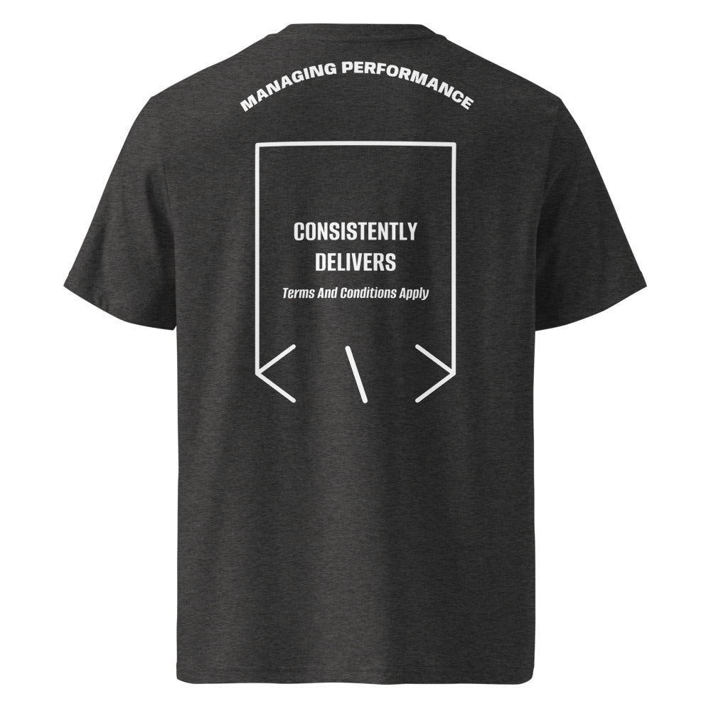 Consistently Delivers — Dark Heather Grey White back mockup