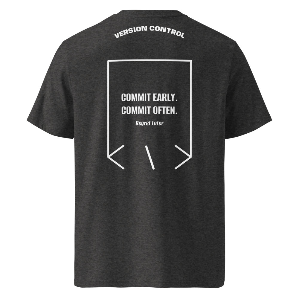 Commit Early. Commit Often. — Dark Heather Grey White back mockup