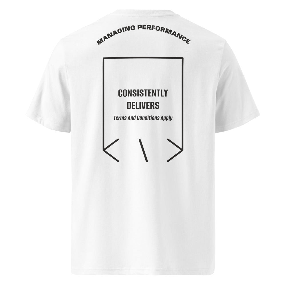 Consistently Delivers — White Dark Heather Grey back mockup