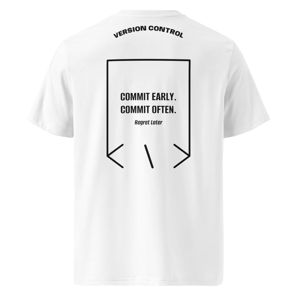Commit Early. Commit Often. — White Black back mockup
