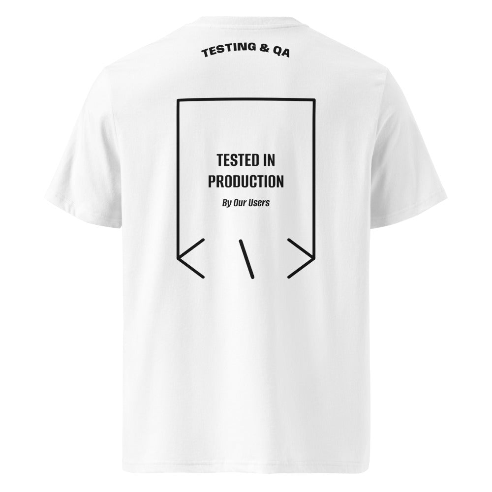 Tested In Production — White Black back mockup