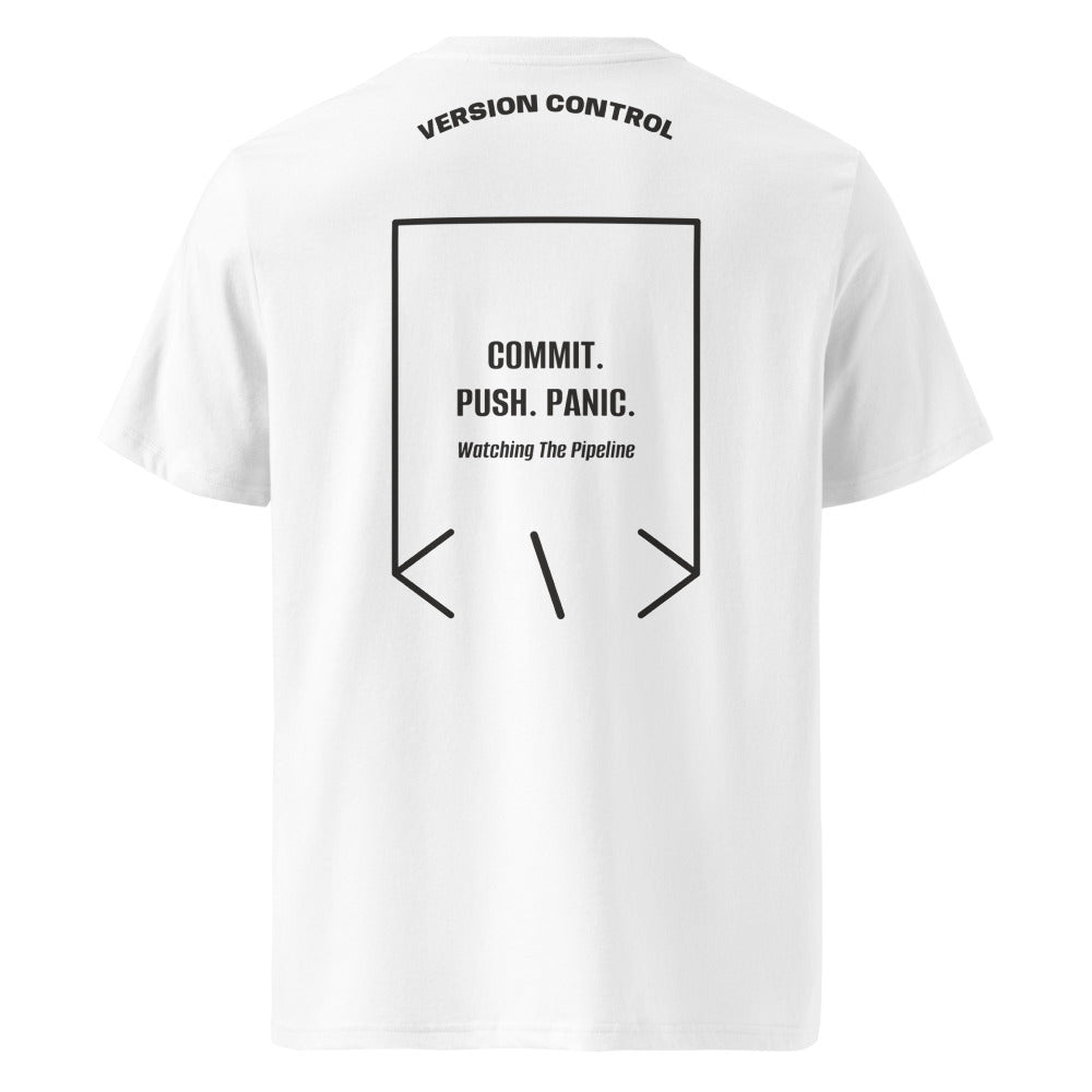 Commit. Push. Panic. — White Dark Heather Grey back mockup