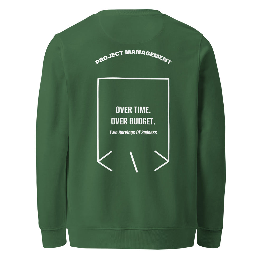 Over Time. Over Budget. — Bottle Green White back mockup