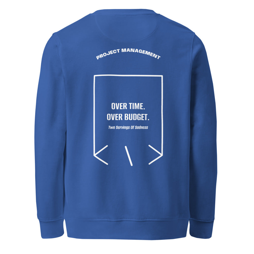 Over Time. Over Budget. — Royal Blue White back mockup