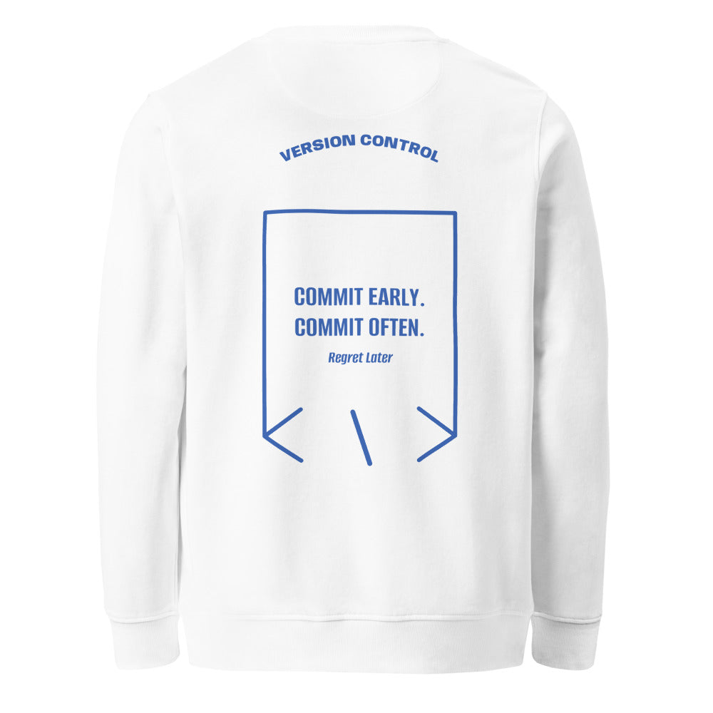 Commit Early. Commit Often. — White Royal Blue back mockup