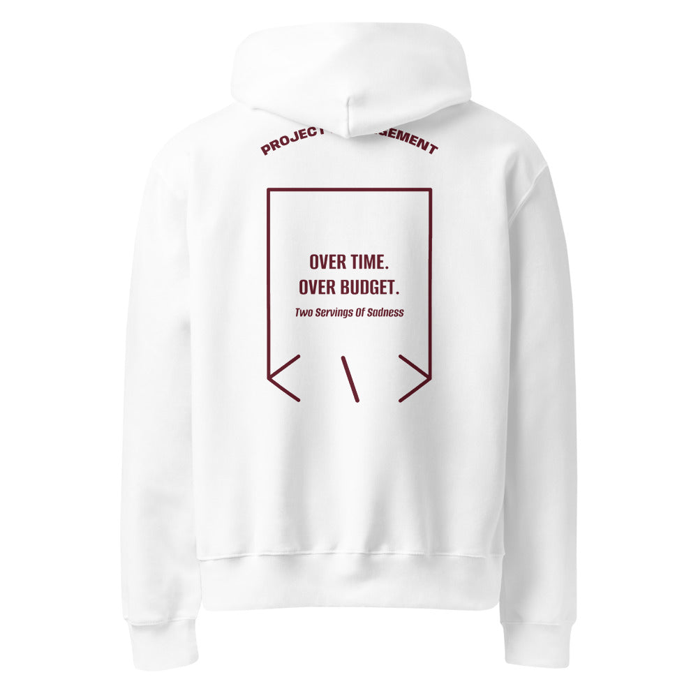 Over Time. Over Budget. — White Maroon back mockup