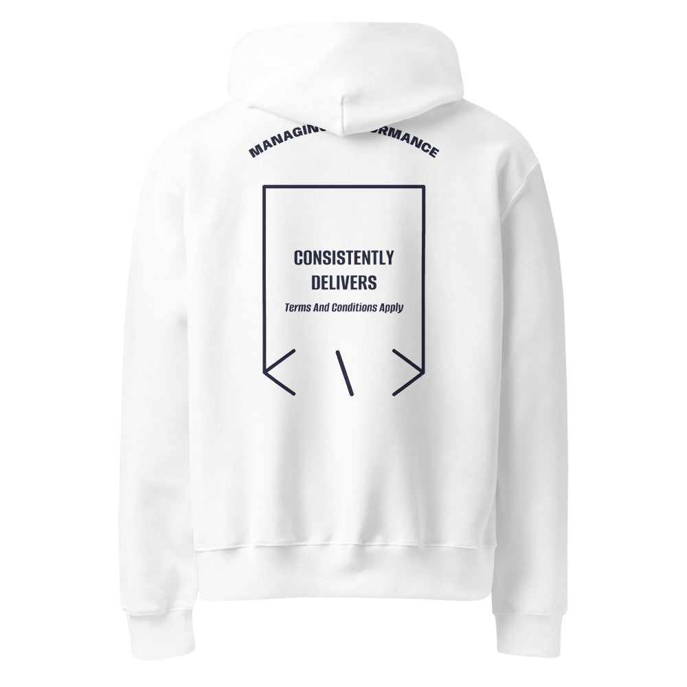 Consistently Delivers — White Navy back mockup