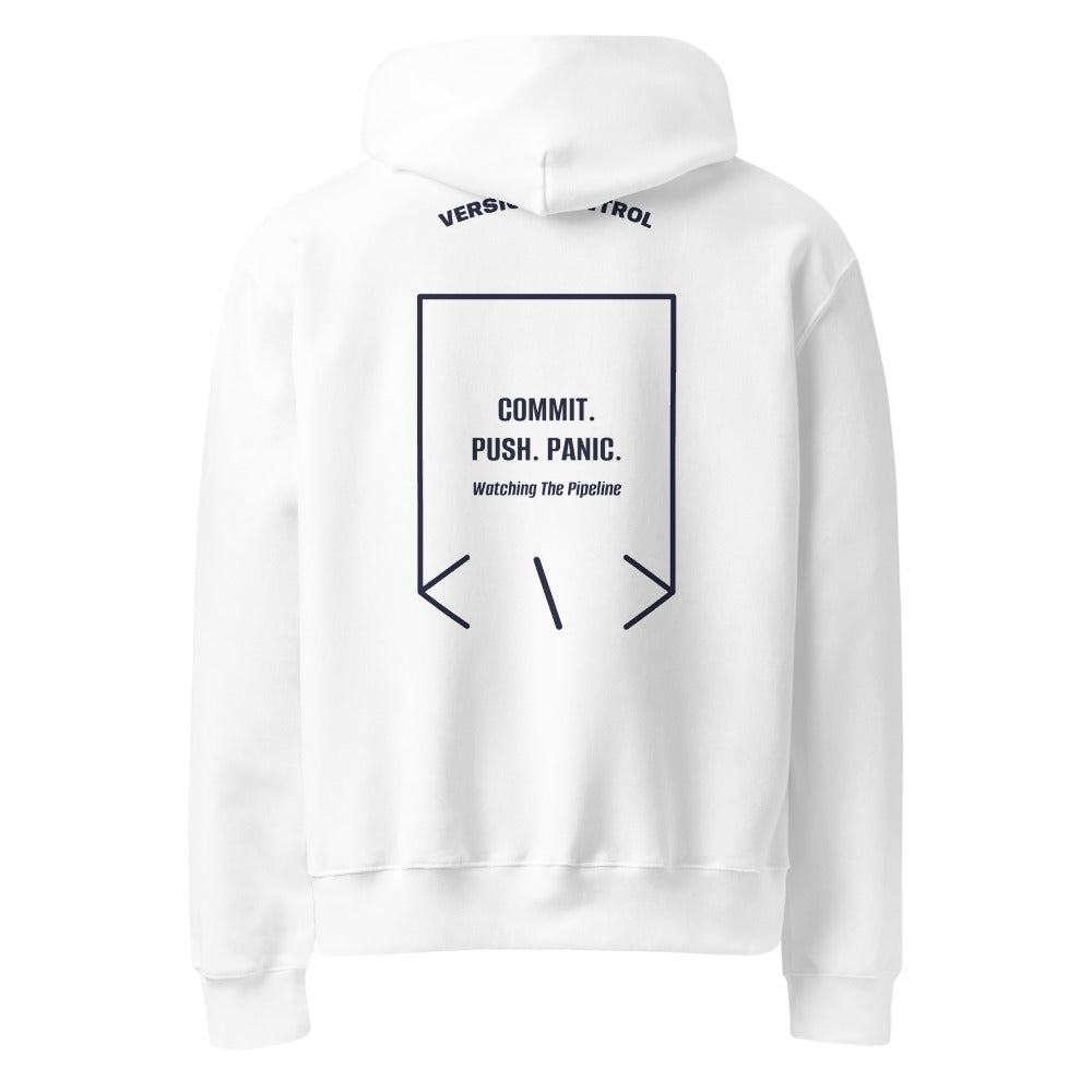 Commit. Push. Panic. — White Navy back mockup