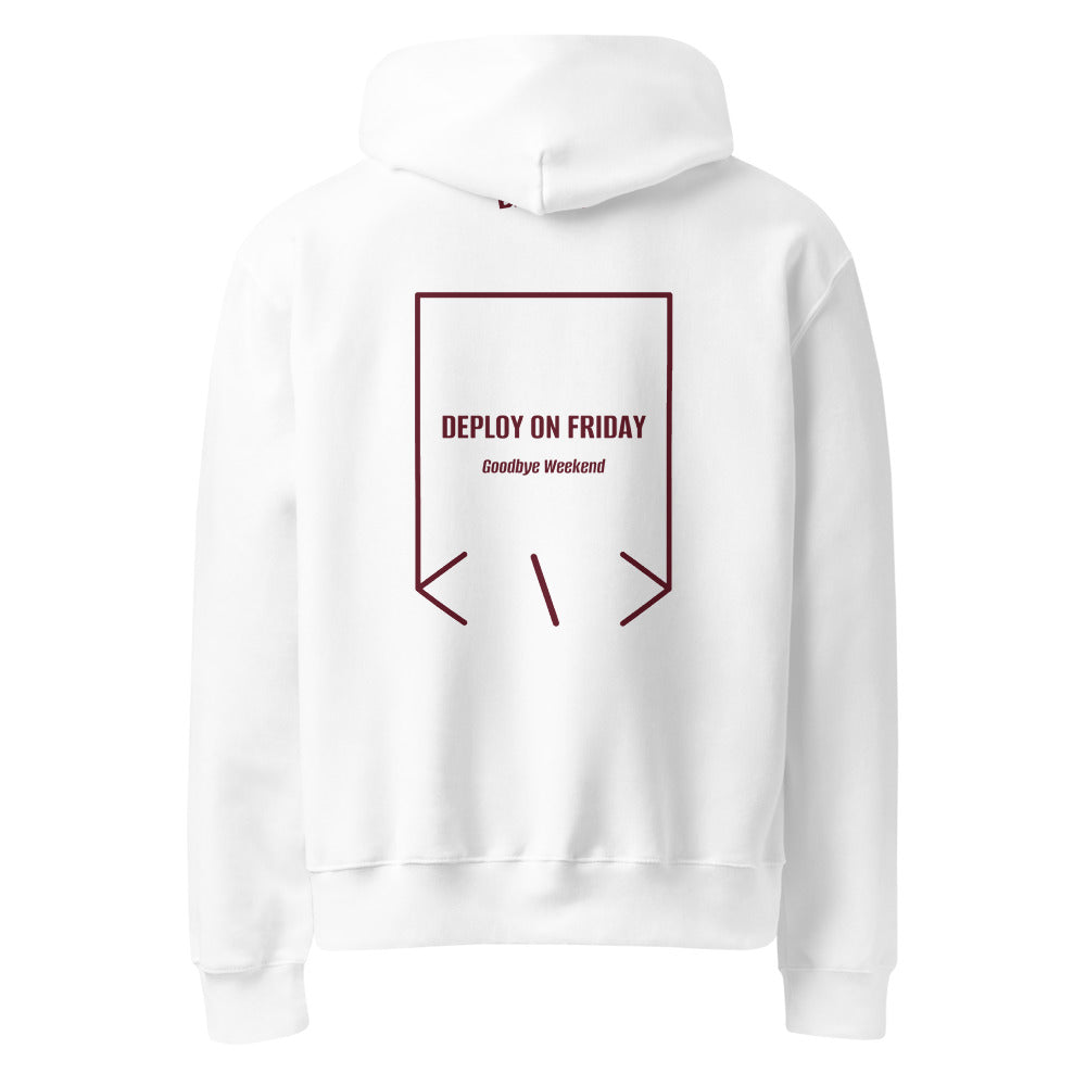 Deploy On Friday — White Maroon back mockup