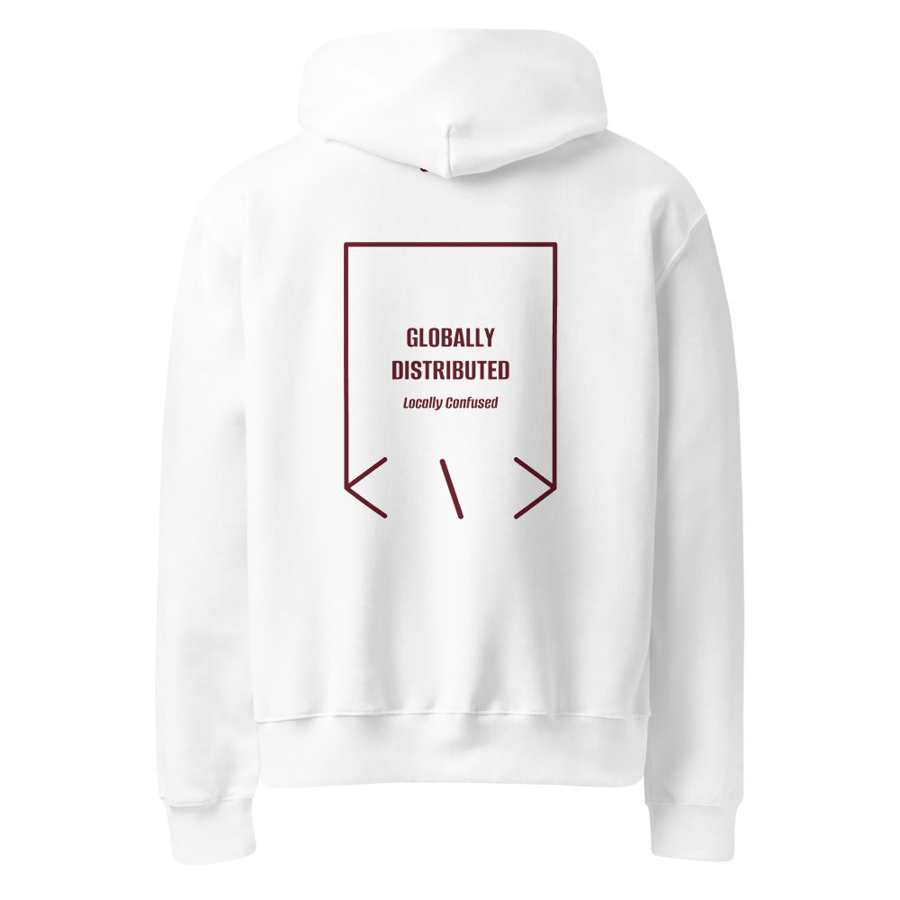 Globally Distributed — White Maroon back mockup