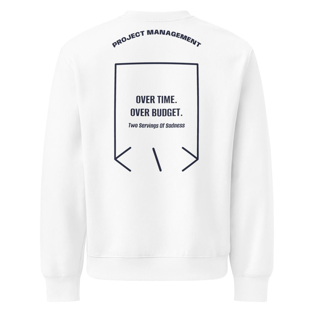 Over Time. Over Budget. — White Navy back mockup