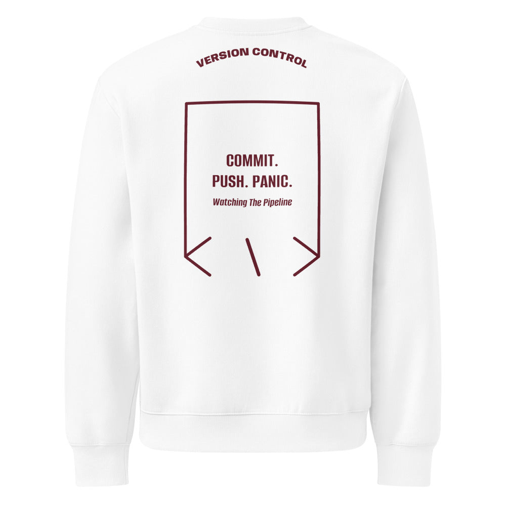 Commit. Push. Panic. — White Maroon back mockup