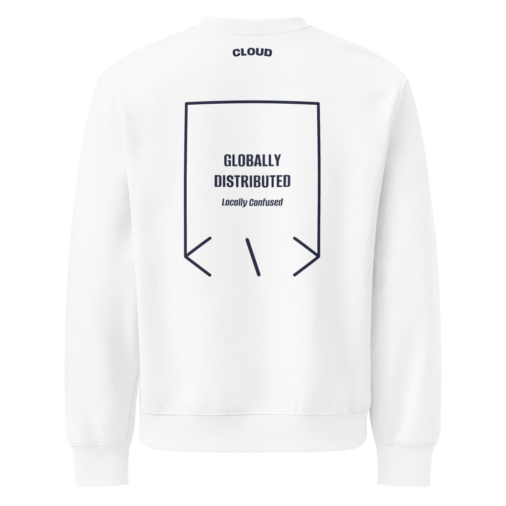 Globally Distributed — White Navy back mockup