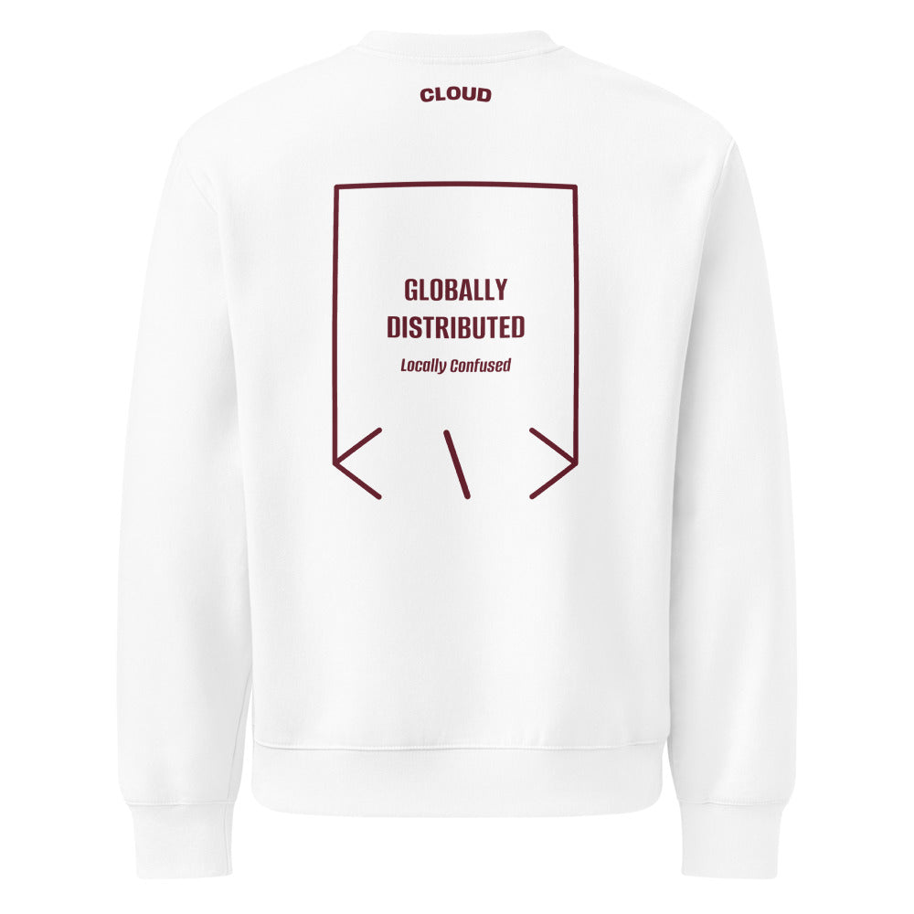 Globally Distributed — White Maroon back mockup