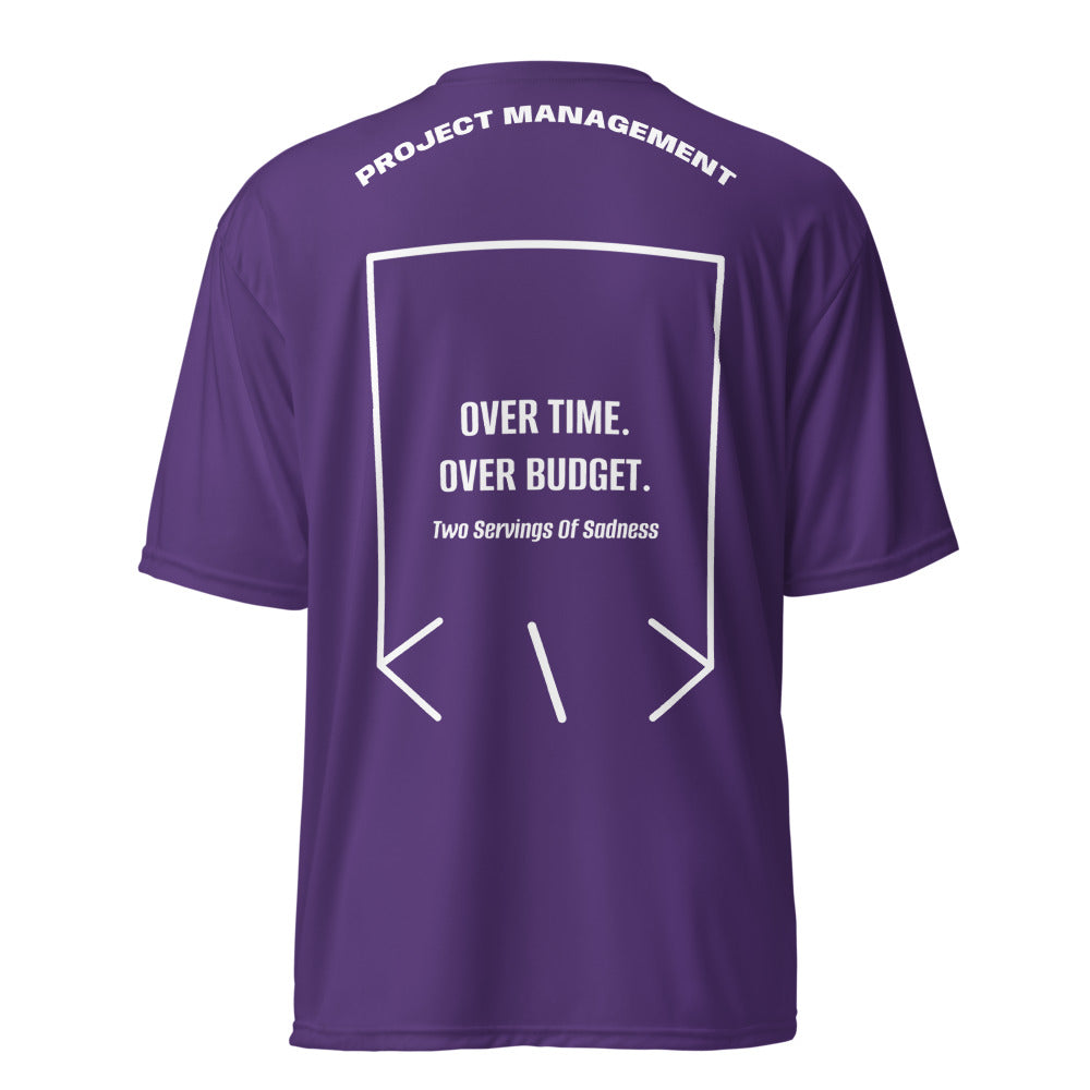 Over Time. Over Budget. — Purple White back mockup
