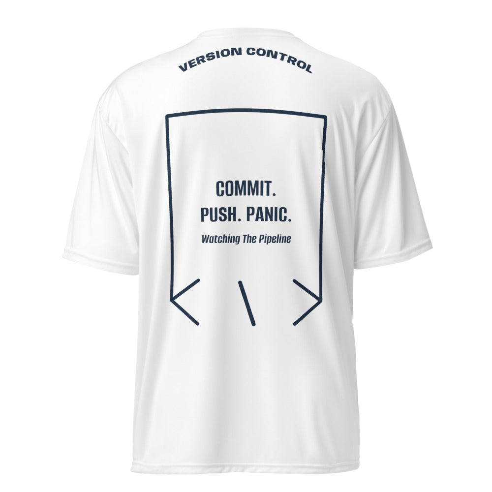 Commit. Push. Panic. — White Navy back mockup