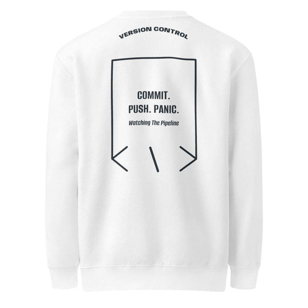Commit. Push. Panic. — White Navy back mockup
