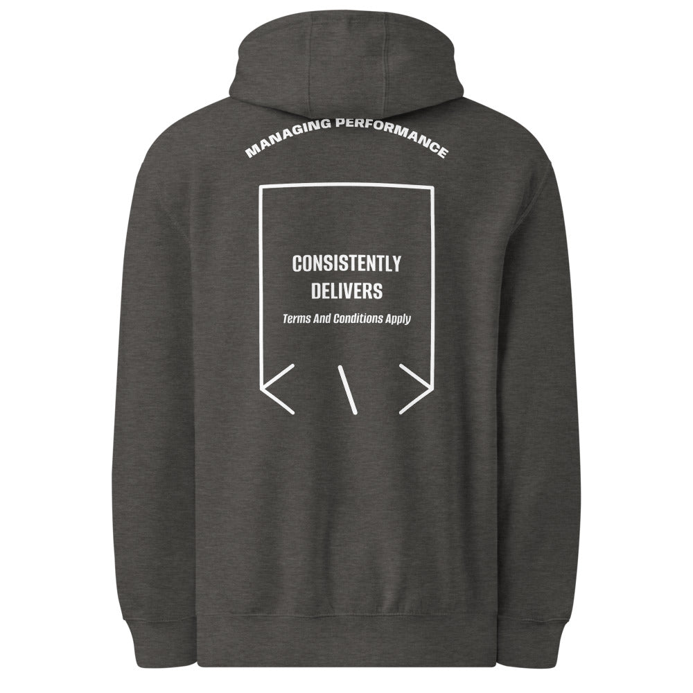 Consistently Delivers — Charcoal Heather White back mockup