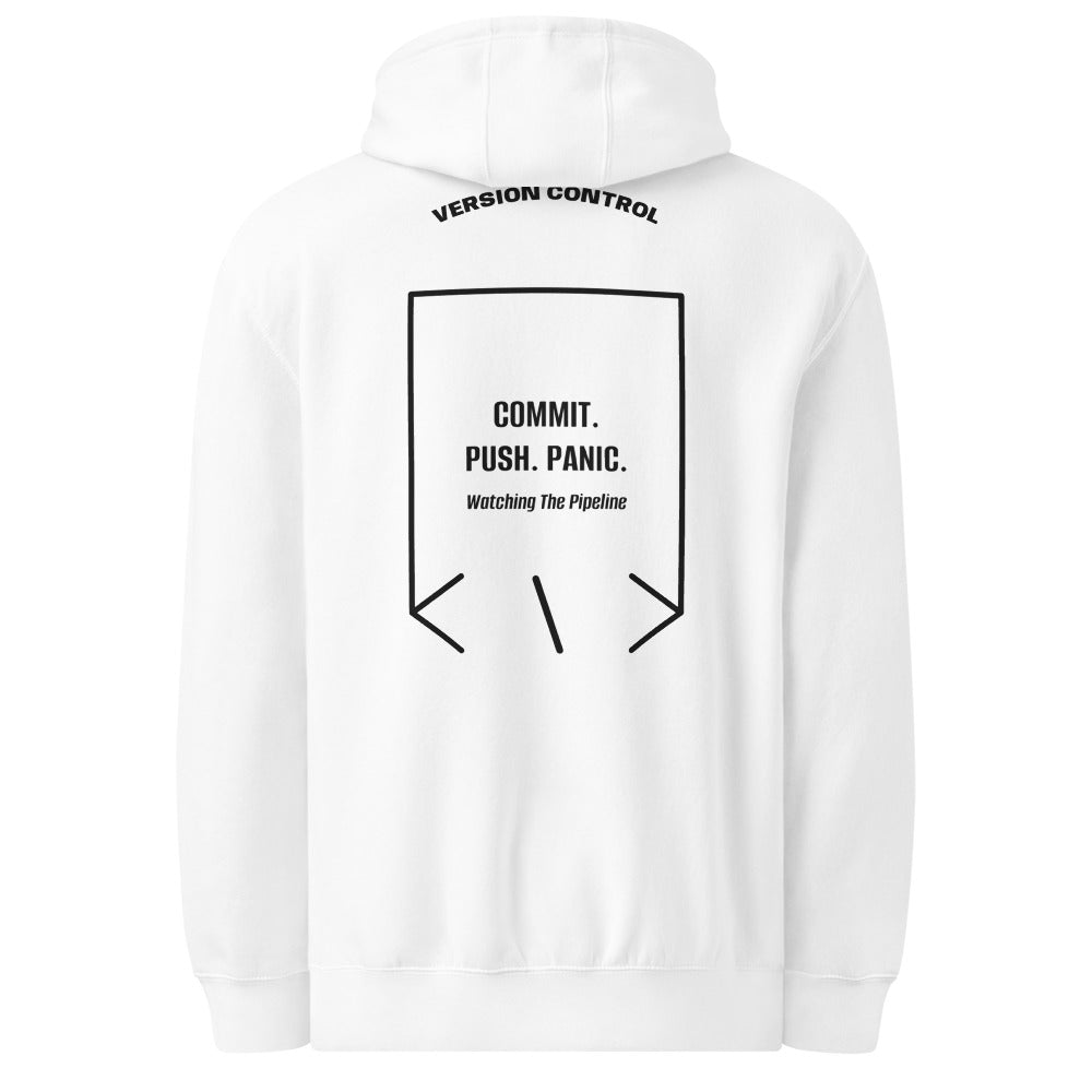 Commit. Push. Panic. — White Black back mockup