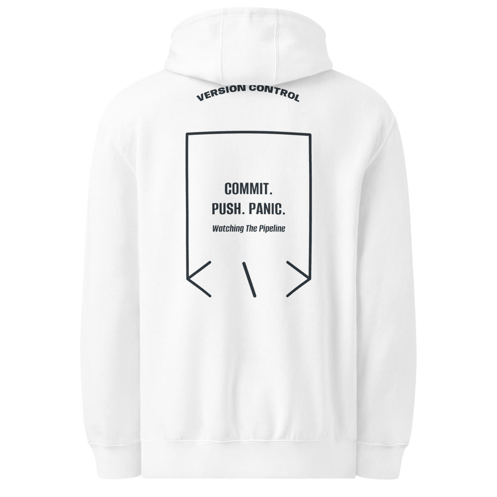 Commit. Push. Panic. — White Navy back mockup