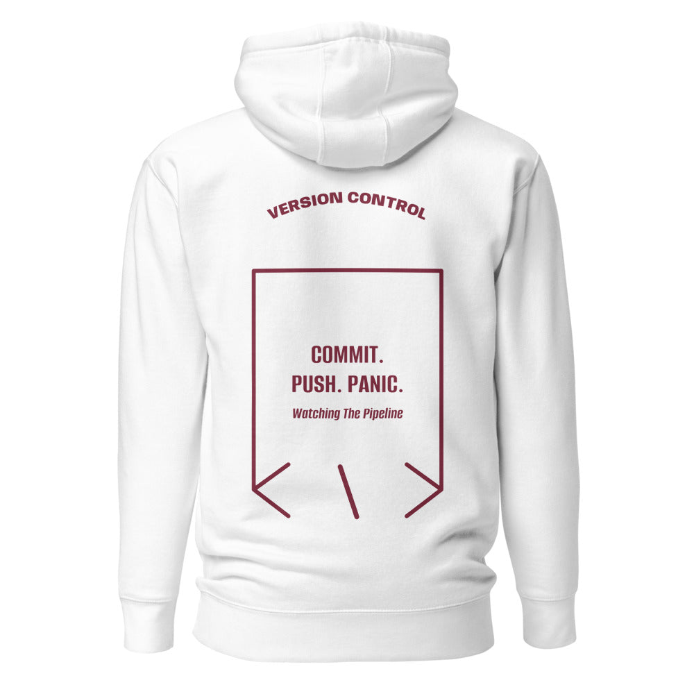 Commit. Push. Panic. — White Maroon back mockup