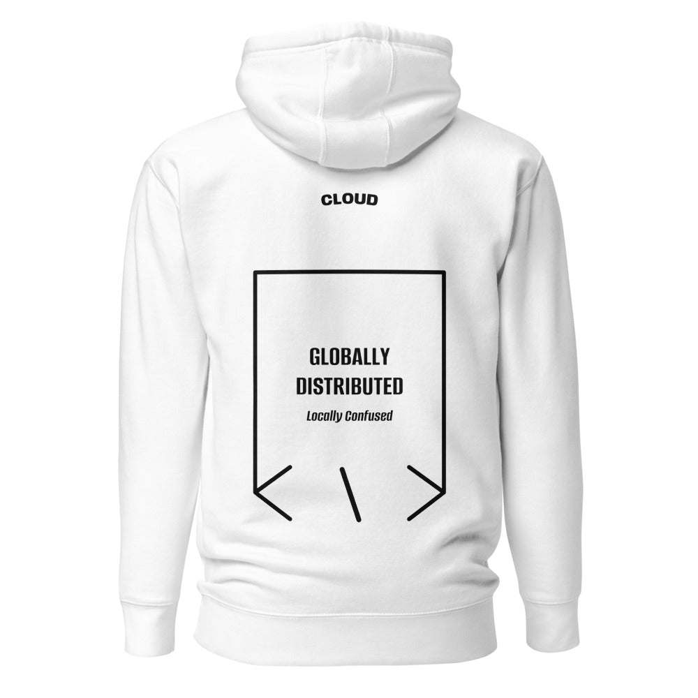 Globally Distributed — White Black back mockup