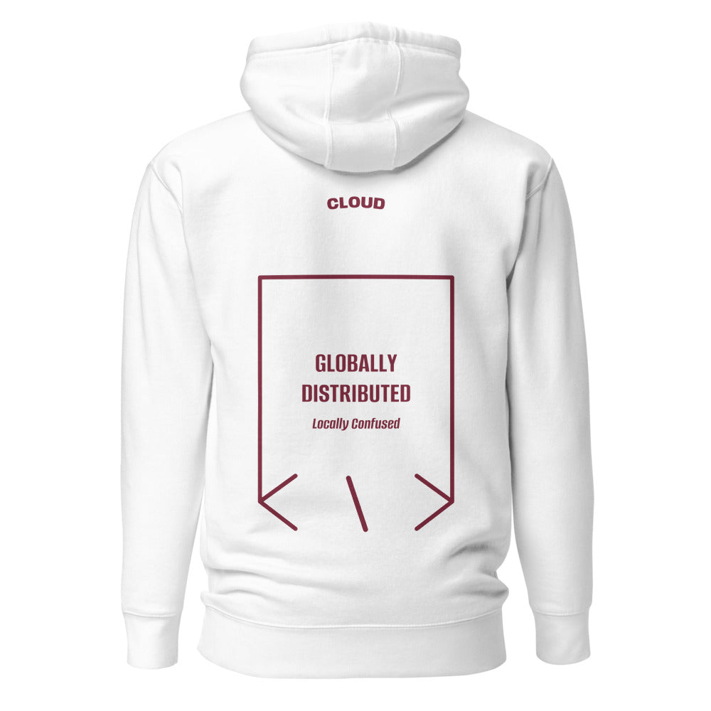 Globally Distributed — White Maroon back mockup