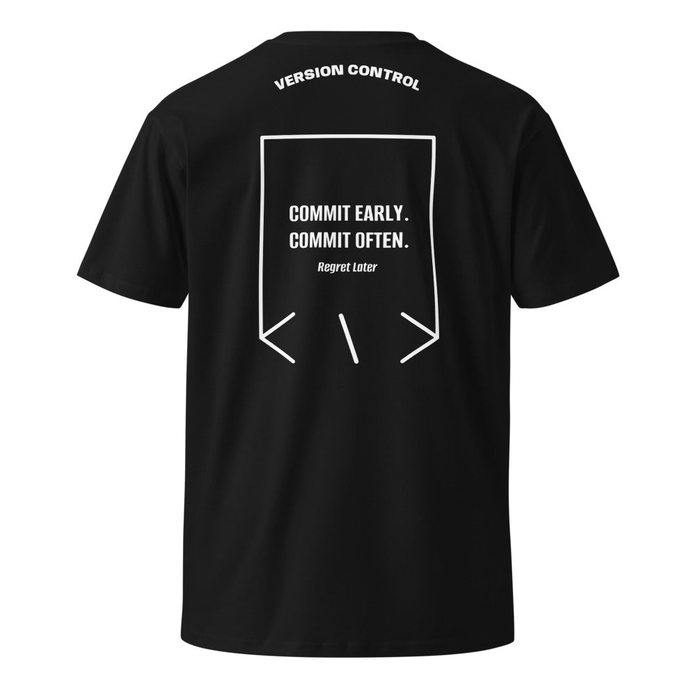 Commit Early. Commit Often. — Black White back mockup