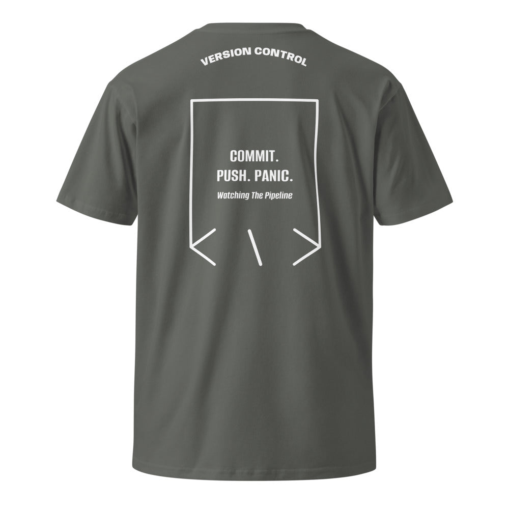 Commit. Push. Panic. — Charcoal White back mockup