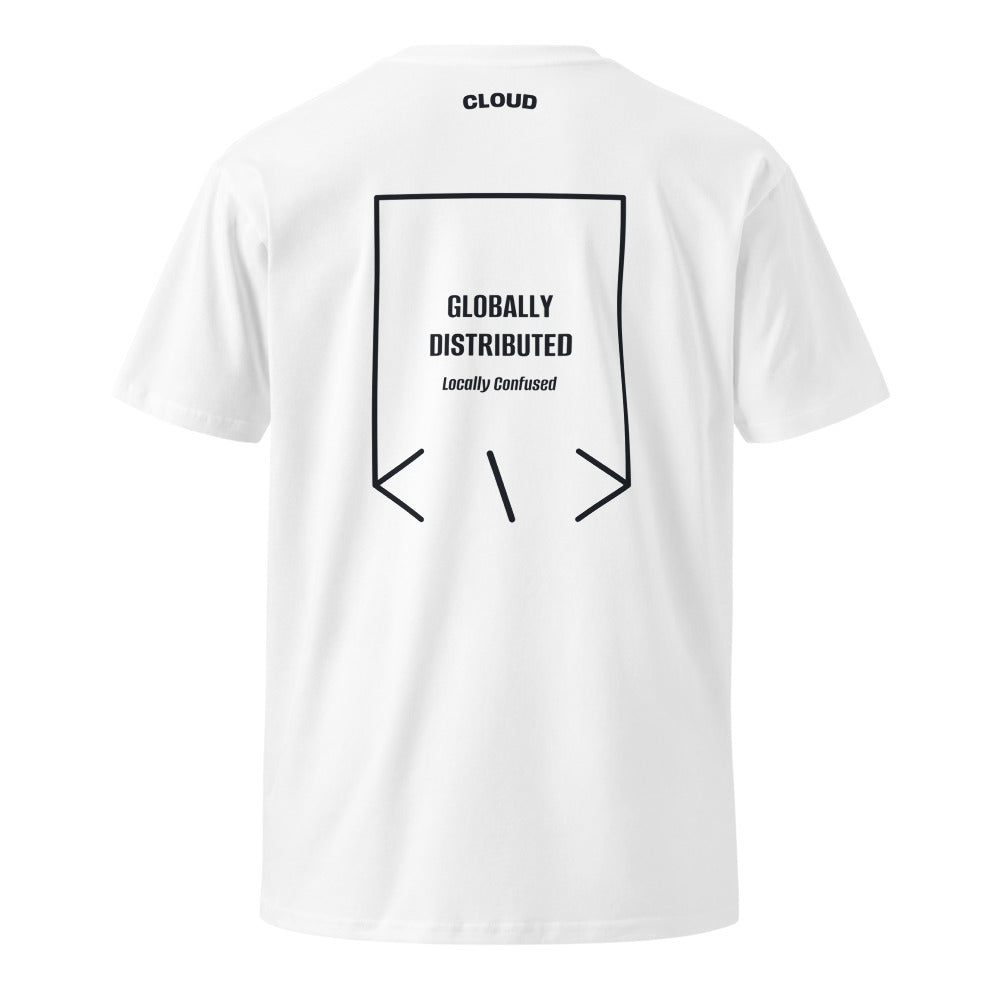 Globally Distributed — White Navy back mockup