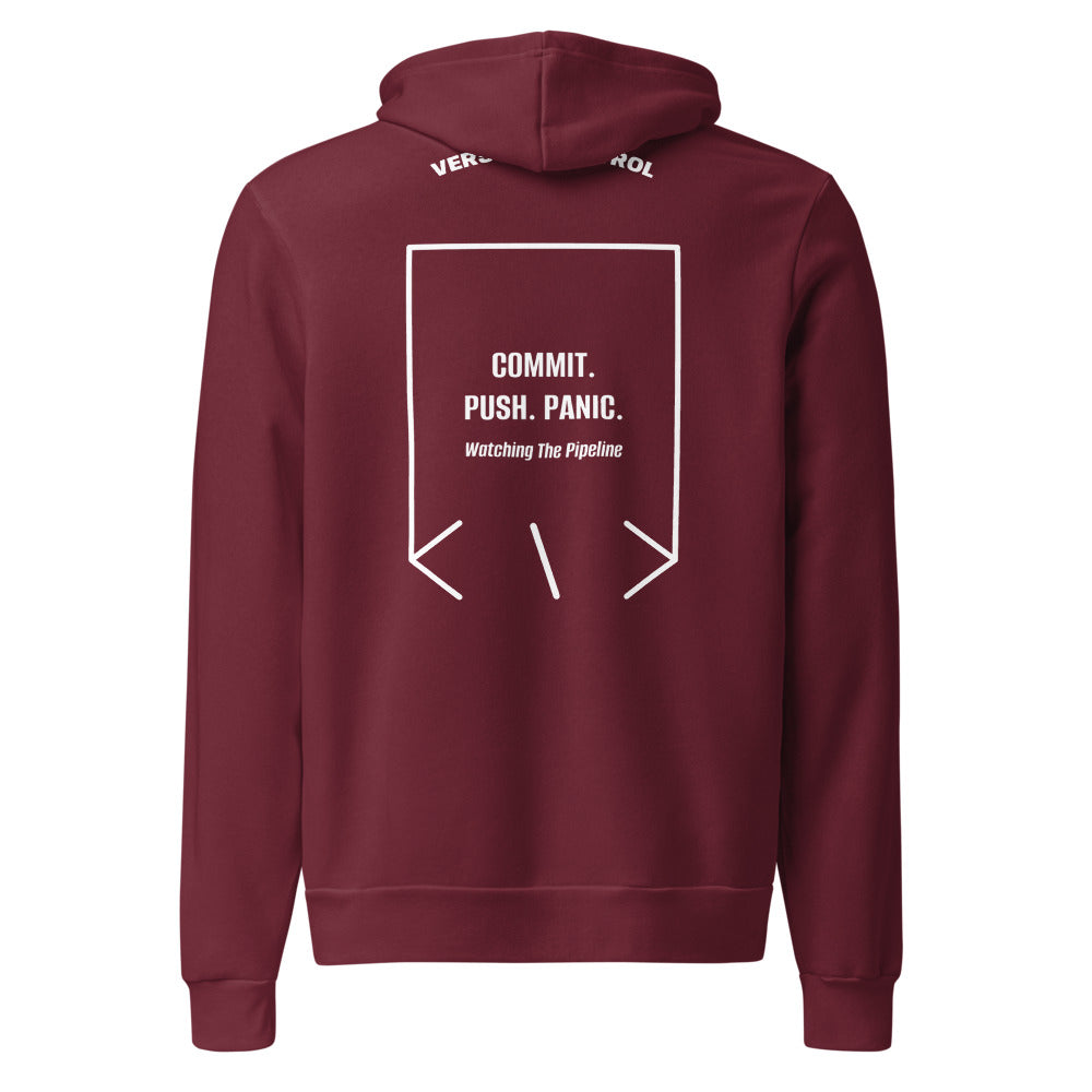 Commit. Push. Panic. — Maroon White back mockup