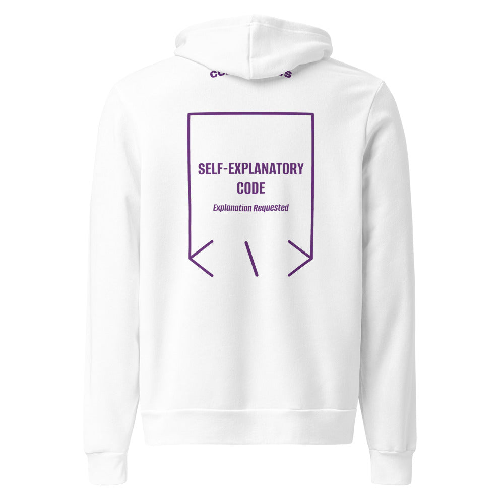 Self-Explanatory Code — White Team Purple back mockup