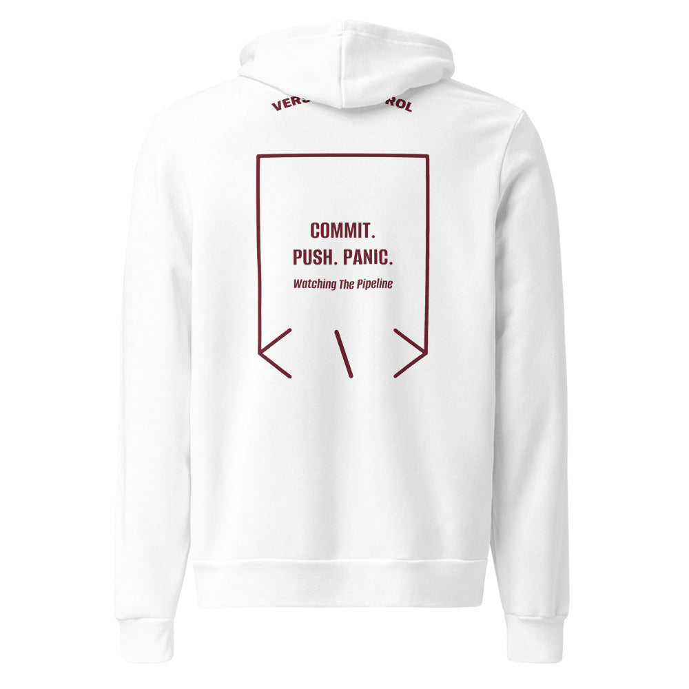 Commit. Push. Panic. — White Maroon back mockup