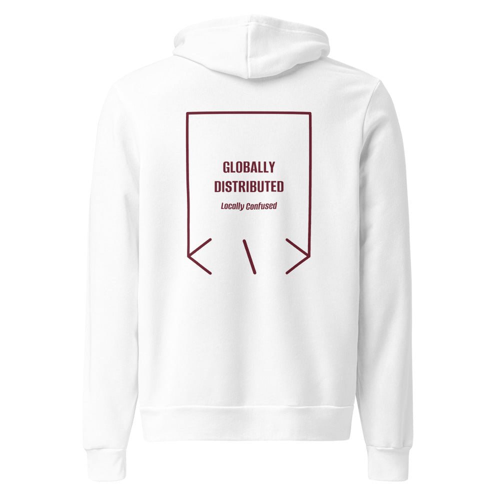 Globally Distributed — White Maroon back mockup