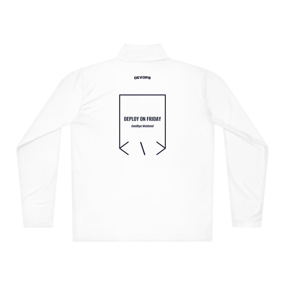 Deploy On Friday — White True Navy back mockup