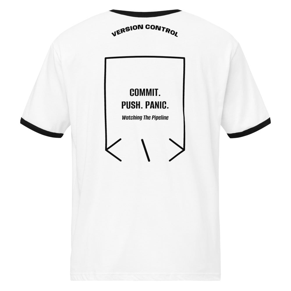 Commit. Push. Panic. — White / Black Black back mockup