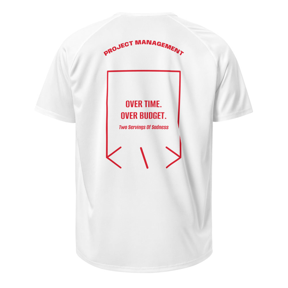 Over Time. Over Budget. — White Red back mockup