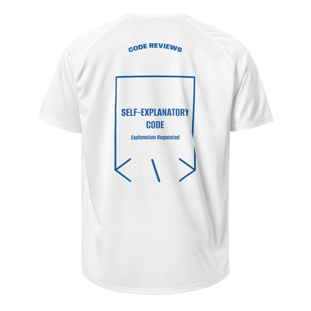 Self-Explanatory Code — White Royal Blue back mockup