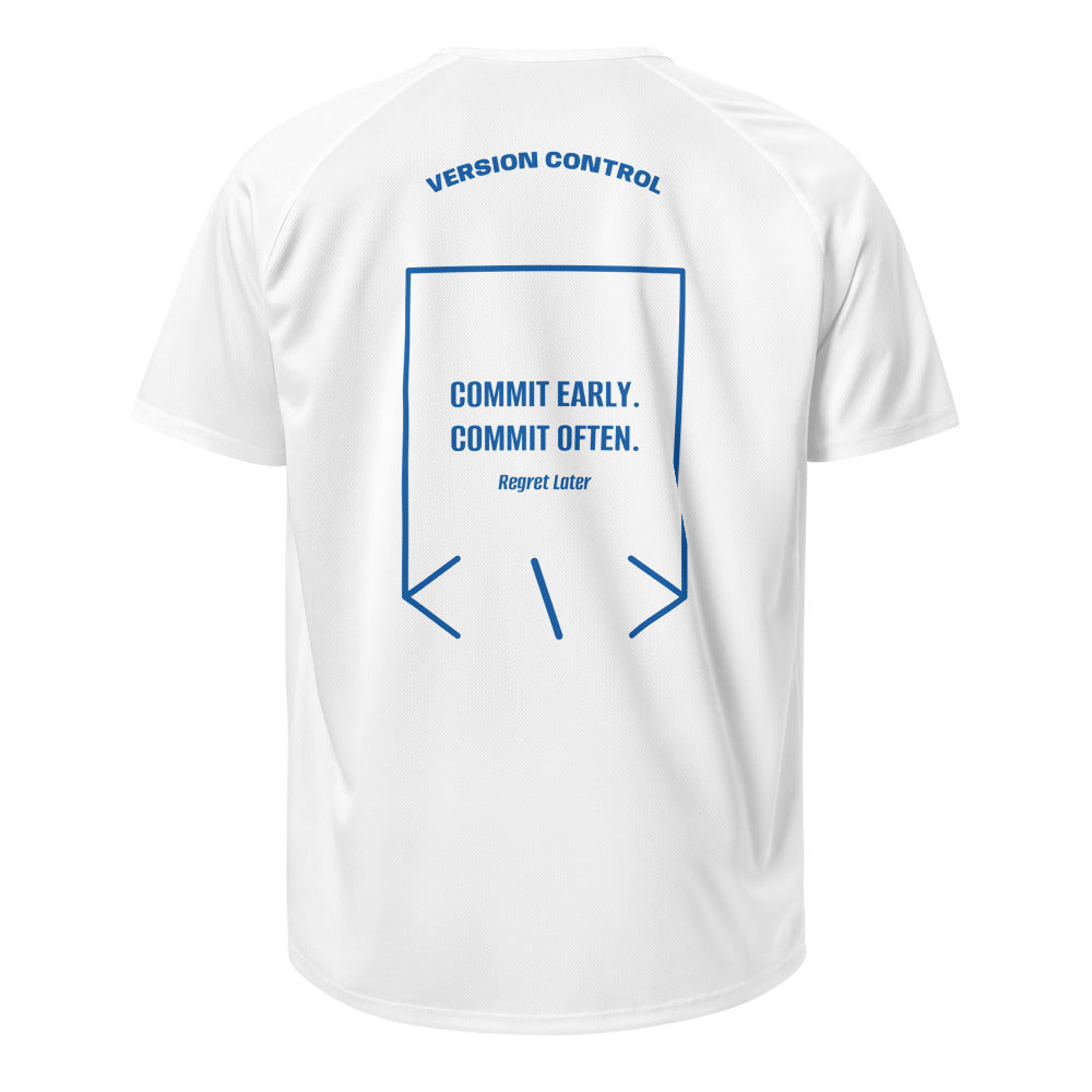Commit Early. Commit Often. — White Royal Blue back mockup