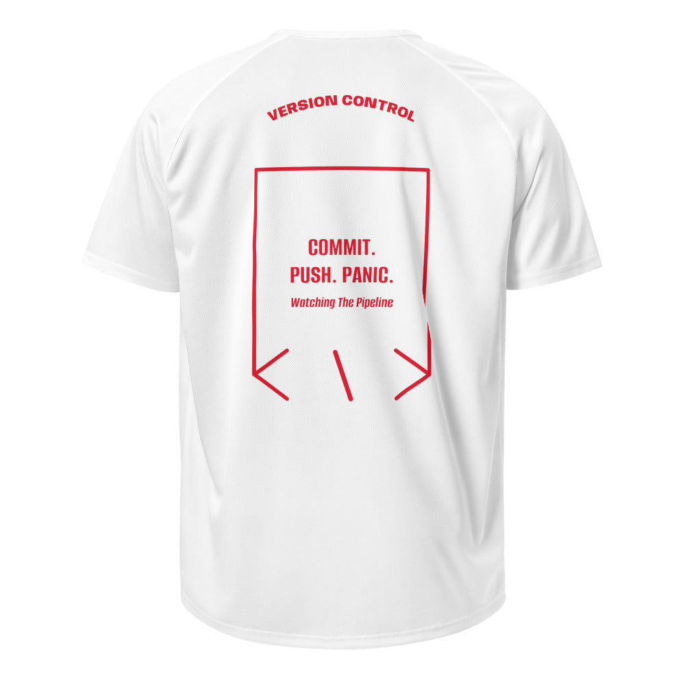 Commit. Push. Panic. — White Red back mockup
