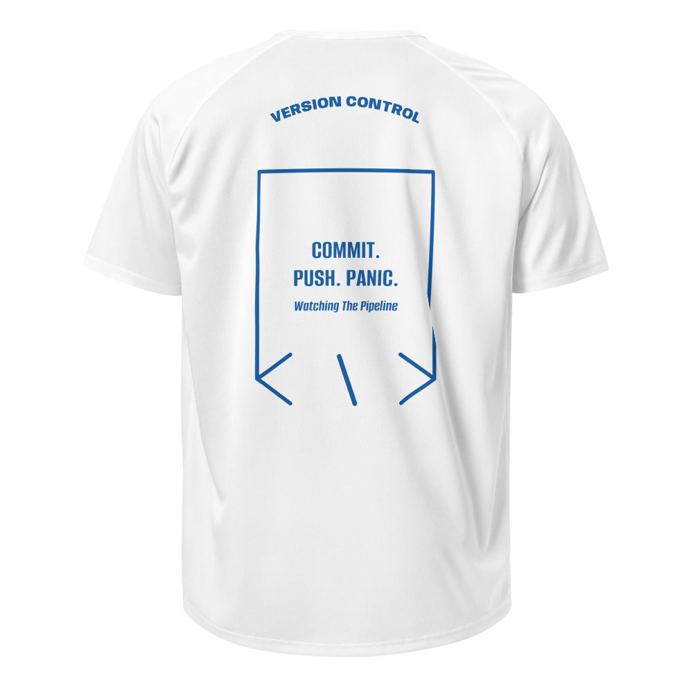 Commit. Push. Panic. — White Royal Blue back mockup