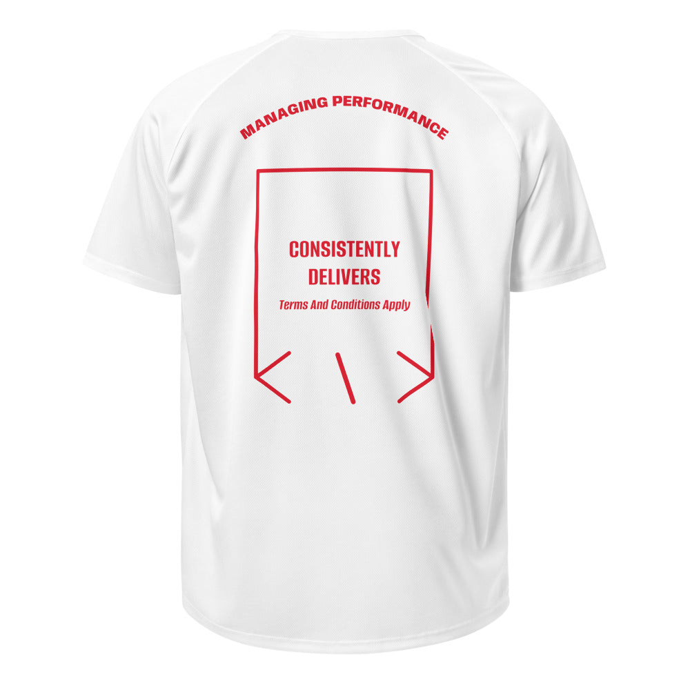 Consistently Delivers — White Red back mockup