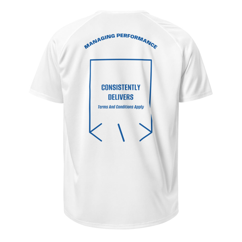 Consistently Delivers — White Royal Blue back mockup