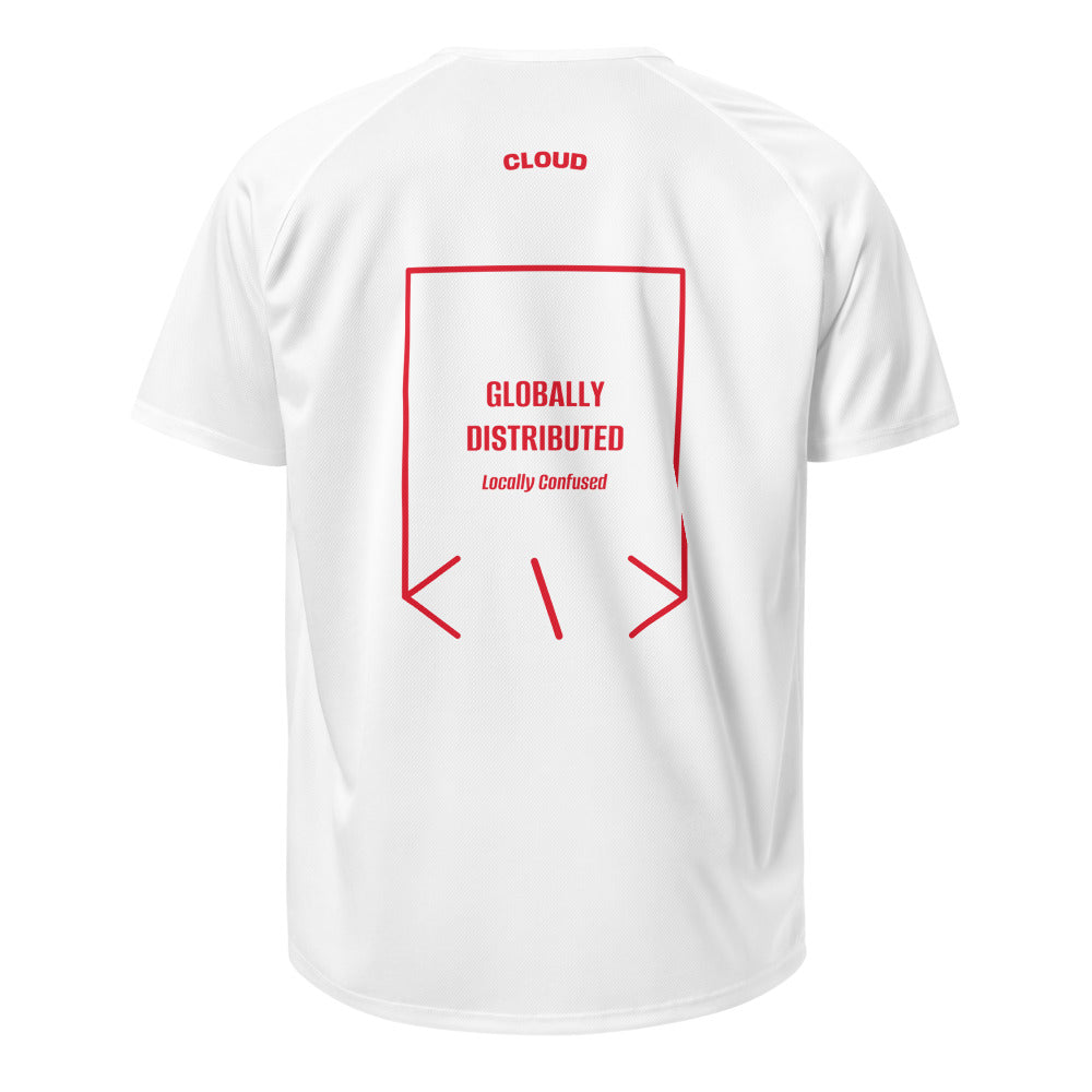Globally Distributed — White Red back mockup