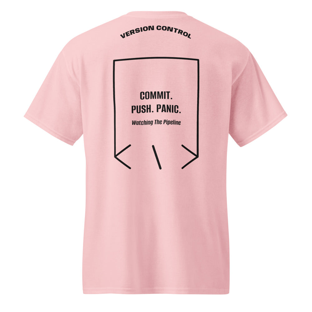 Commit. Push. Panic. — Light Pink Black back mockup