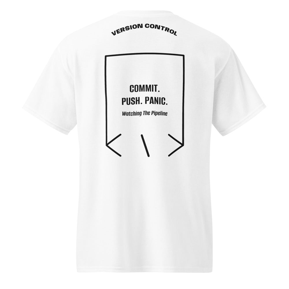 Commit. Push. Panic. — White Black back mockup