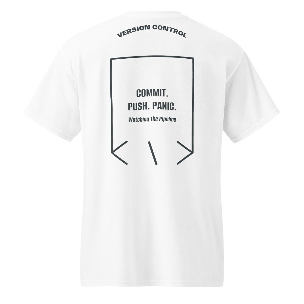 Commit. Push. Panic. — White Dark Heather back mockup