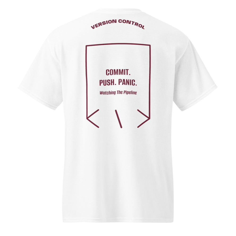Commit. Push. Panic. — White Maroon back mockup