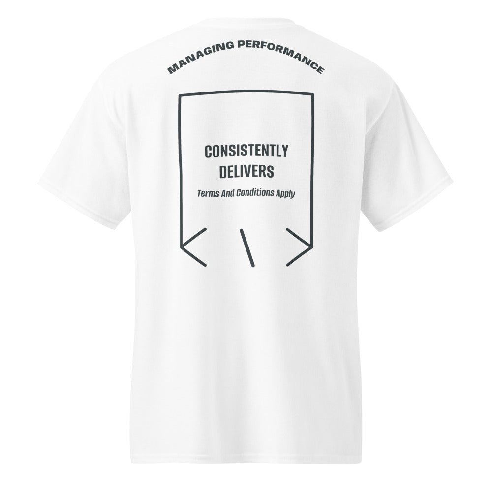 Consistently Delivers — White Dark Heather back mockup